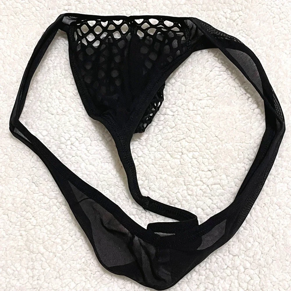 Jockmail Large (30-32) Fishnet Thong Black Sheer Mesh Low Rise Underwear JM220